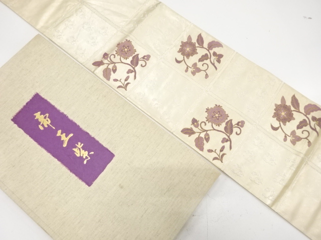 JAPANESE KIMONO / FUKURO OBI / SILK / WOVEN GRID & FLOWERS